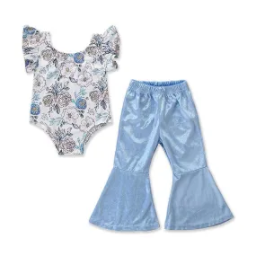 2 Piece Set Baby Girl Flower Print Ruffle Sleeves Bodysuit And Blue Flared Pants