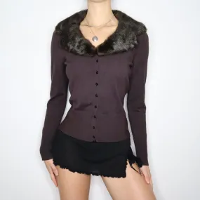 90s Brown Fur Trim Cardigan (M/L)