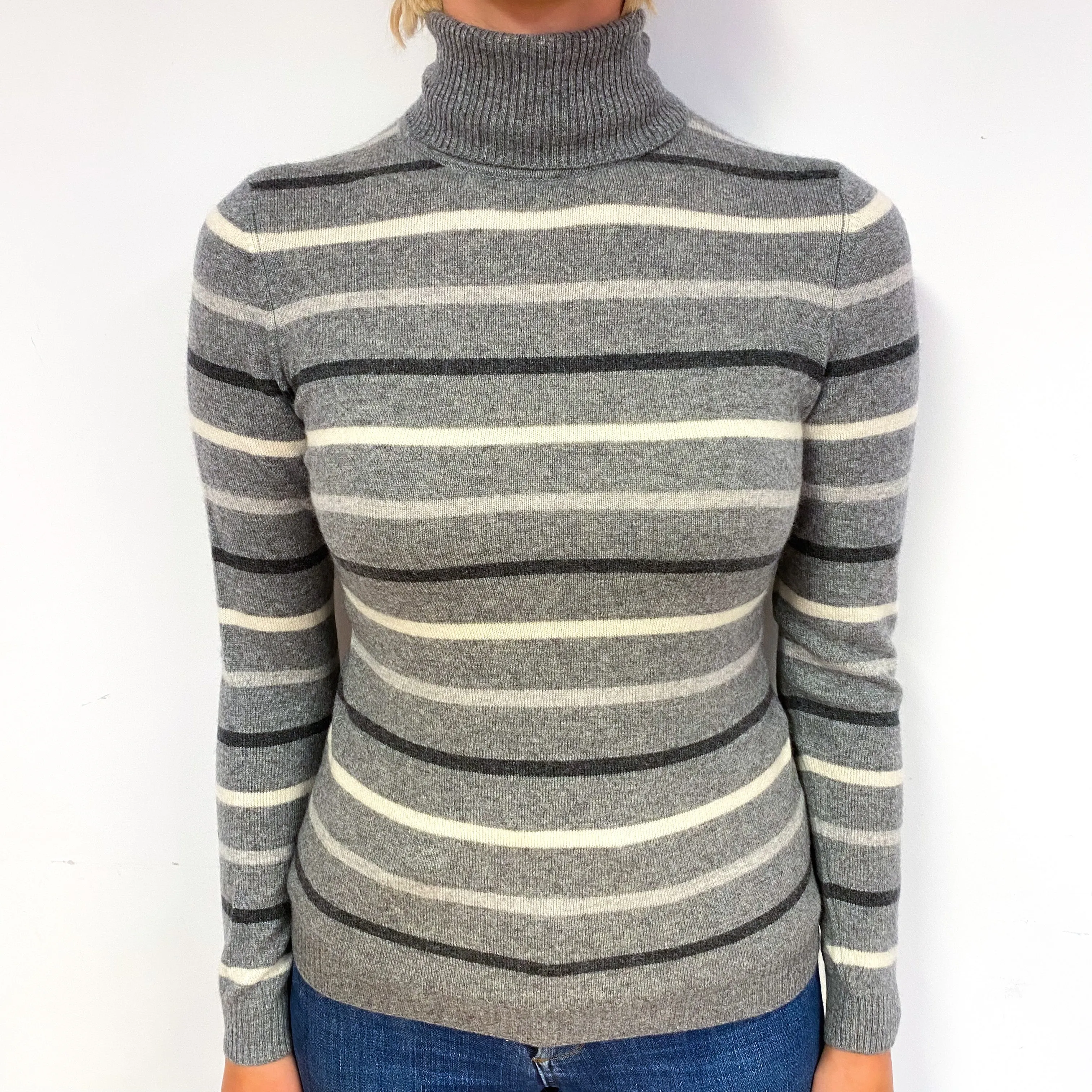 Ash Grey Stripe Cashmere Polo Neck Jumper Small