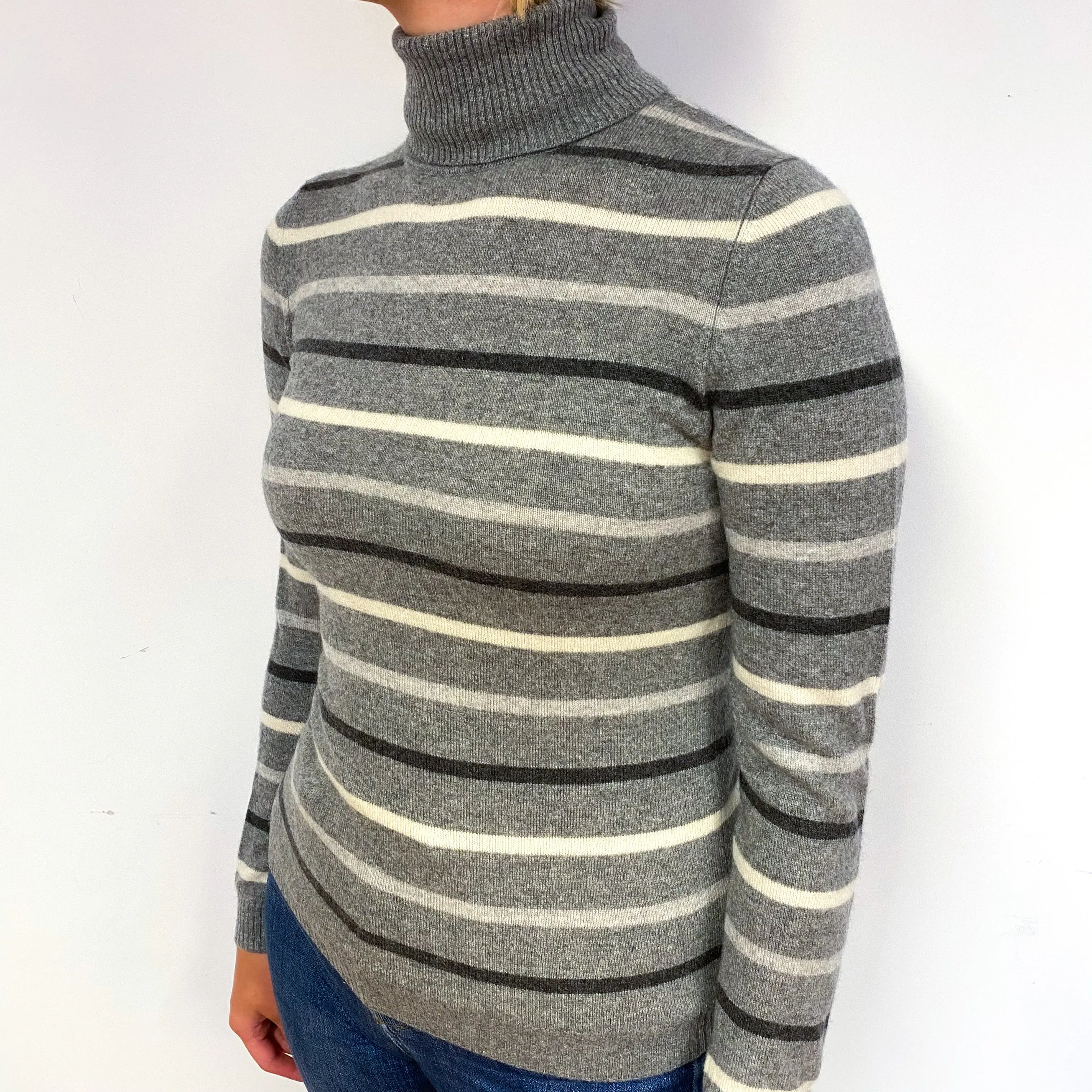 Ash Grey Stripe Cashmere Polo Neck Jumper Small