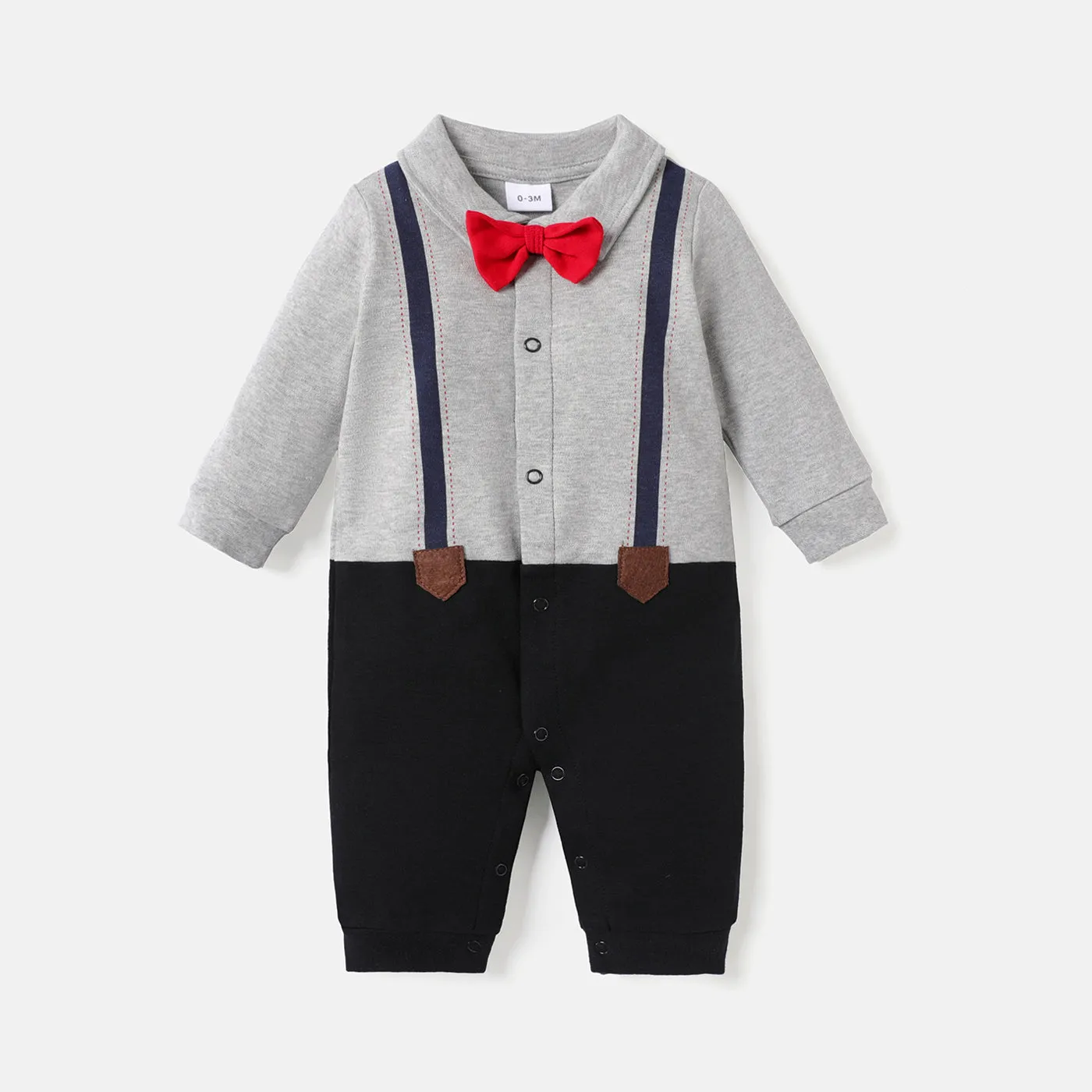 Baby Boy 100% Cotton Long-sleeve Colorblock Spliced Gentleman Bow Tie Jumpsuit