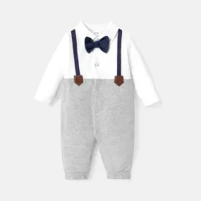 Baby Boy 100% Cotton Long-sleeve Colorblock Spliced Gentleman Bow Tie Jumpsuit