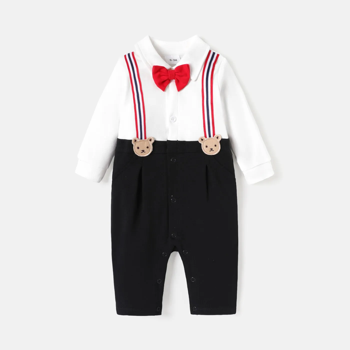 Baby Boy 100% Cotton Long-sleeve Colorblock Spliced Gentleman Bow Tie Jumpsuit