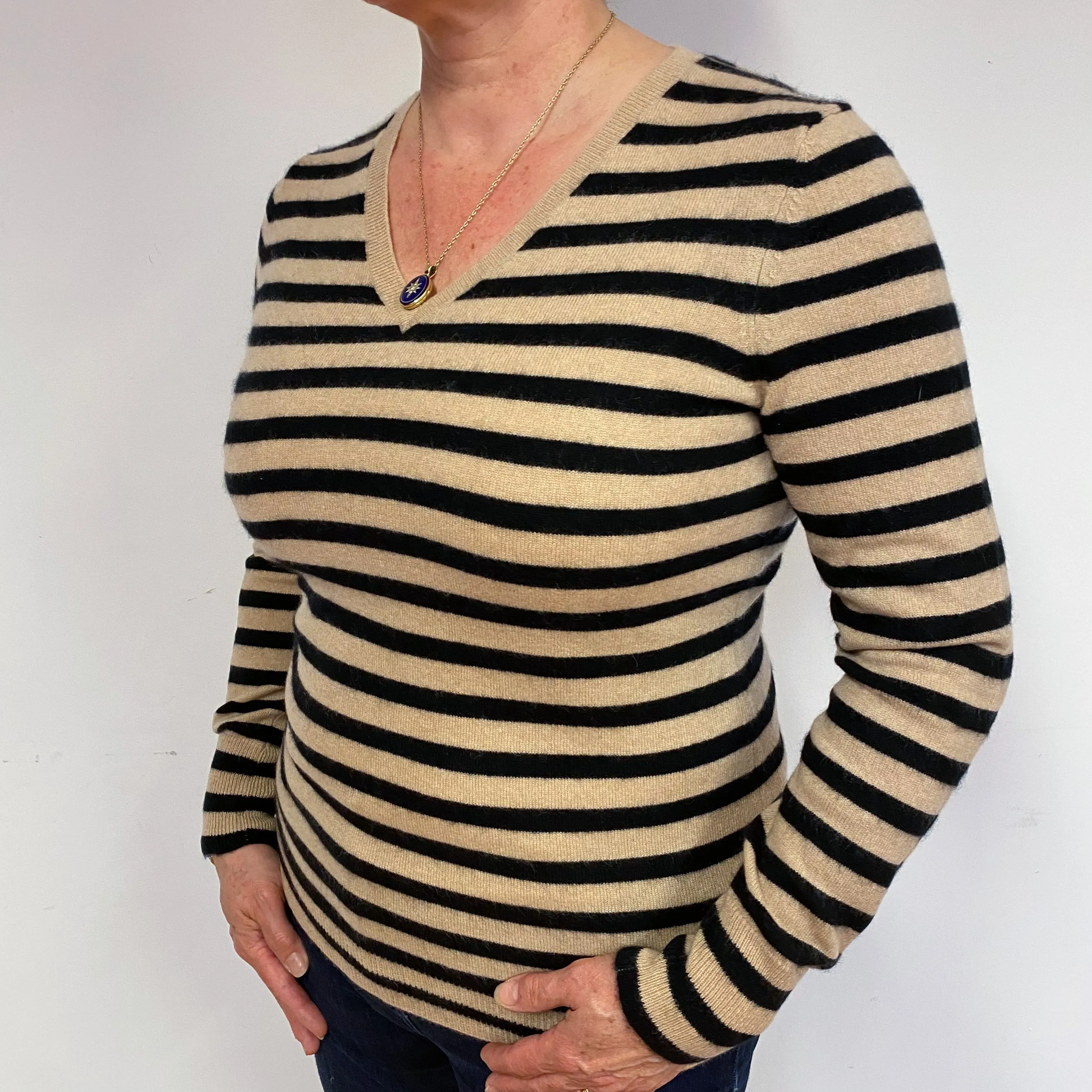Beige Black Stripe Cashmere V-Neck Jumper Large