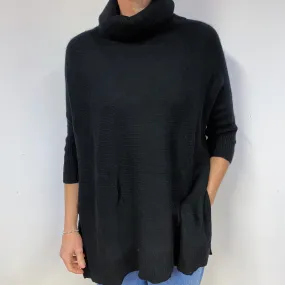Black Chunky Tunic Style Cashmere Polo Neck Jumper Medium