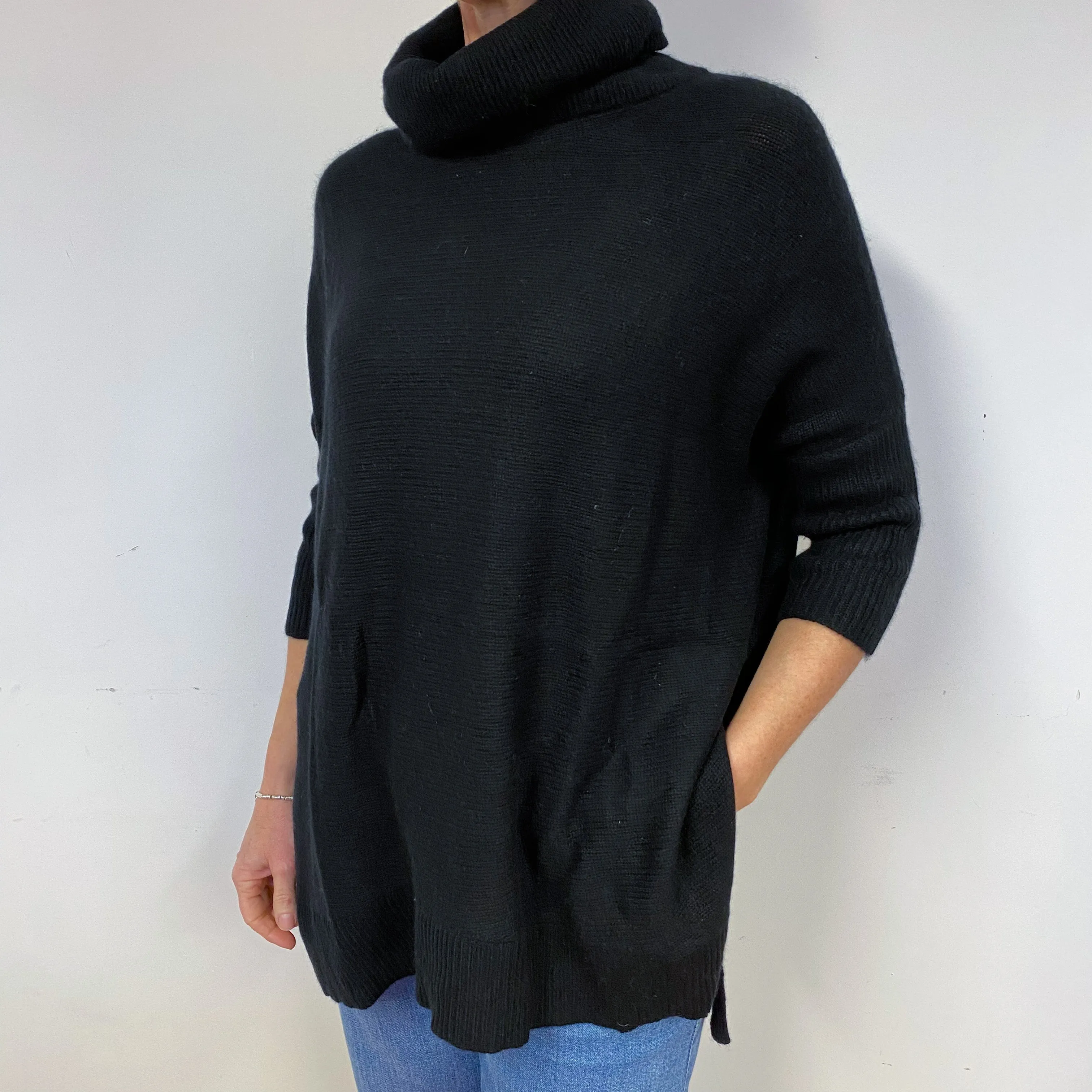 Black Chunky Tunic Style Cashmere Polo Neck Jumper Medium