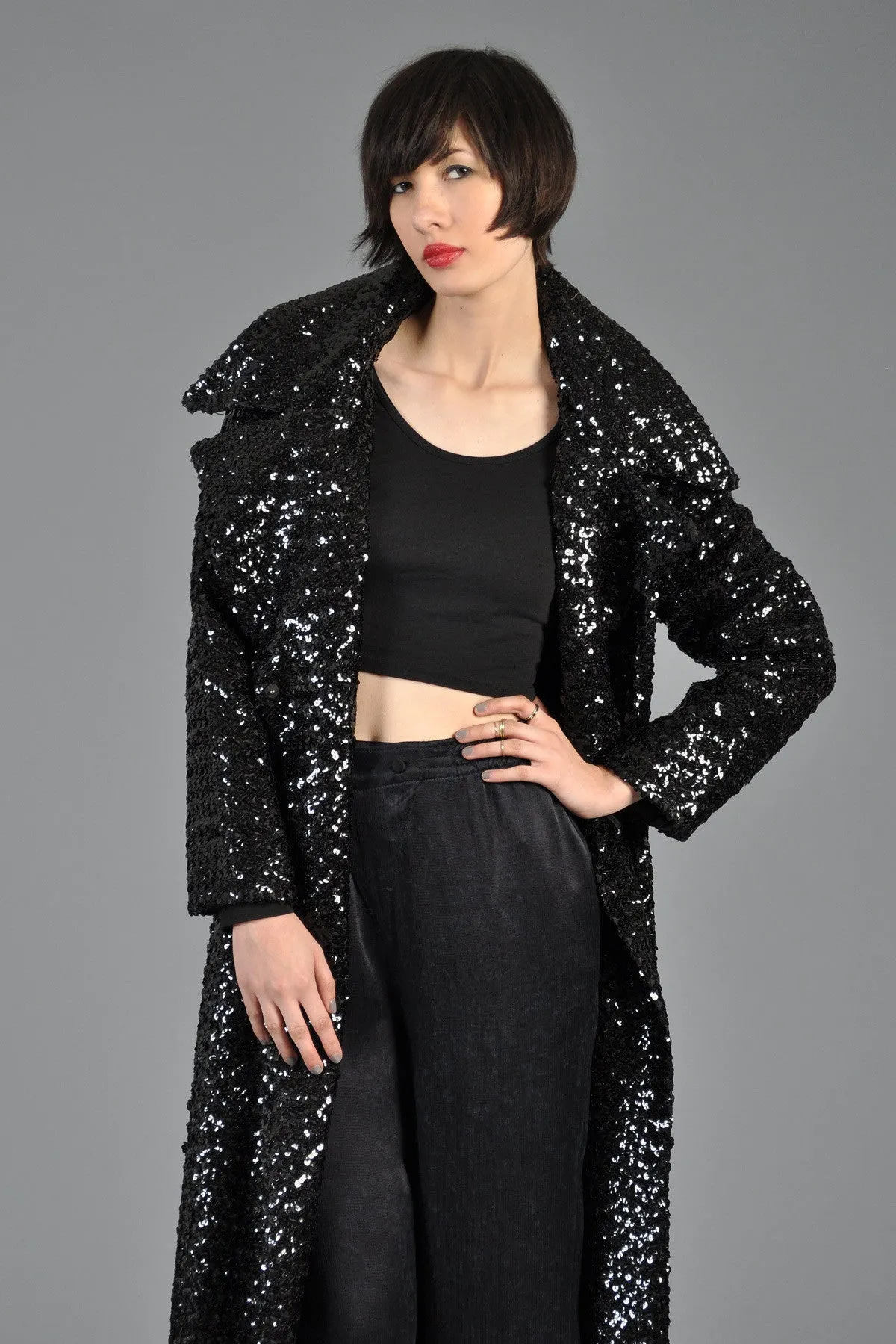 Black Sequin Belted Maxi Trench Coat