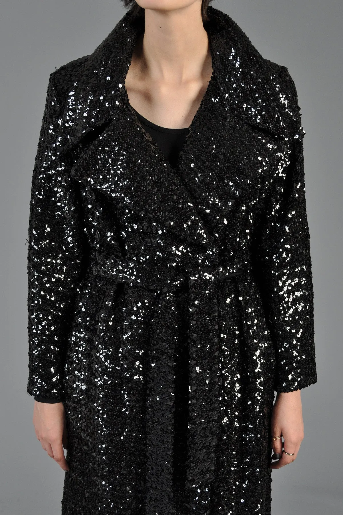 Black Sequin Belted Maxi Trench Coat