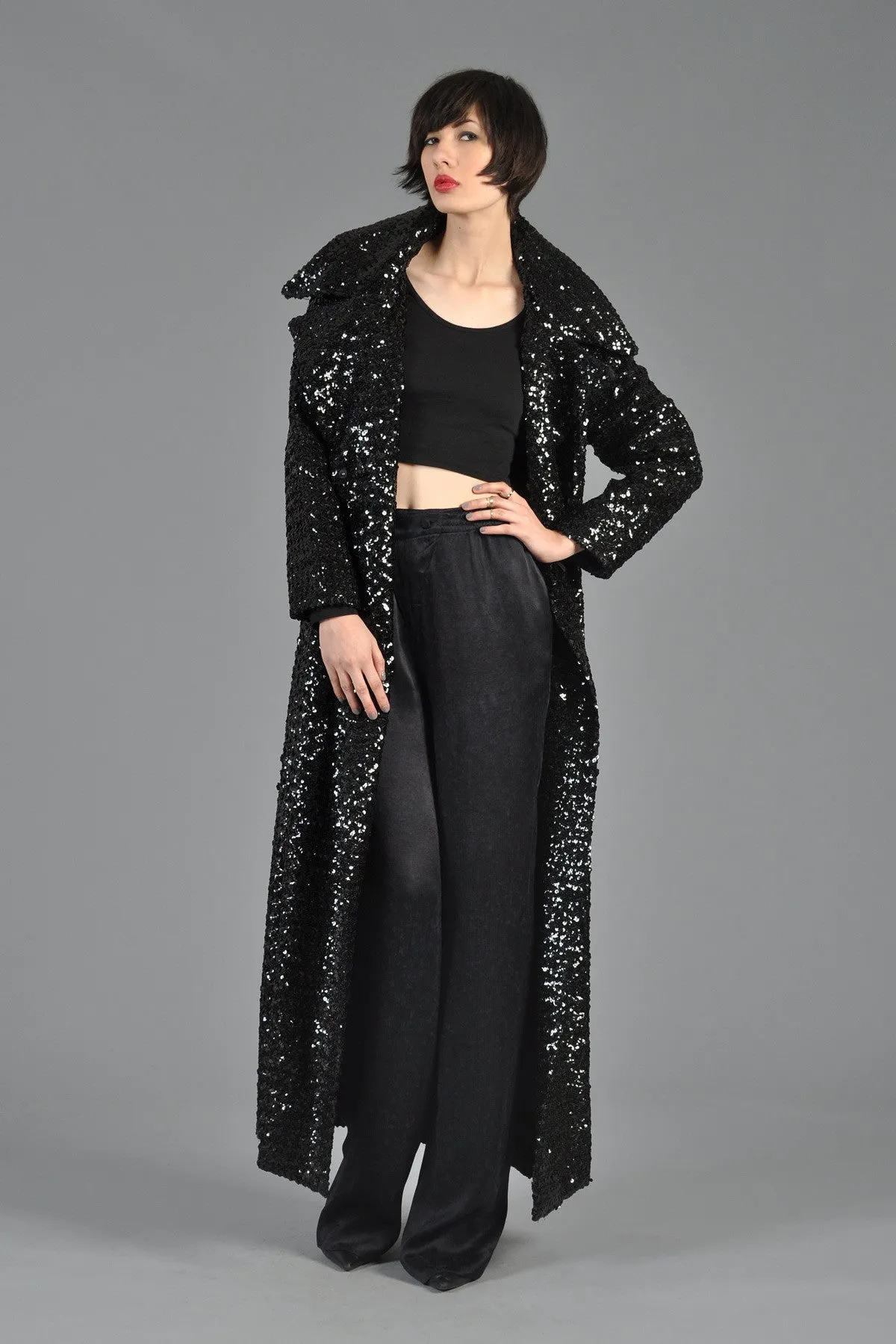 Black Sequin Belted Maxi Trench Coat