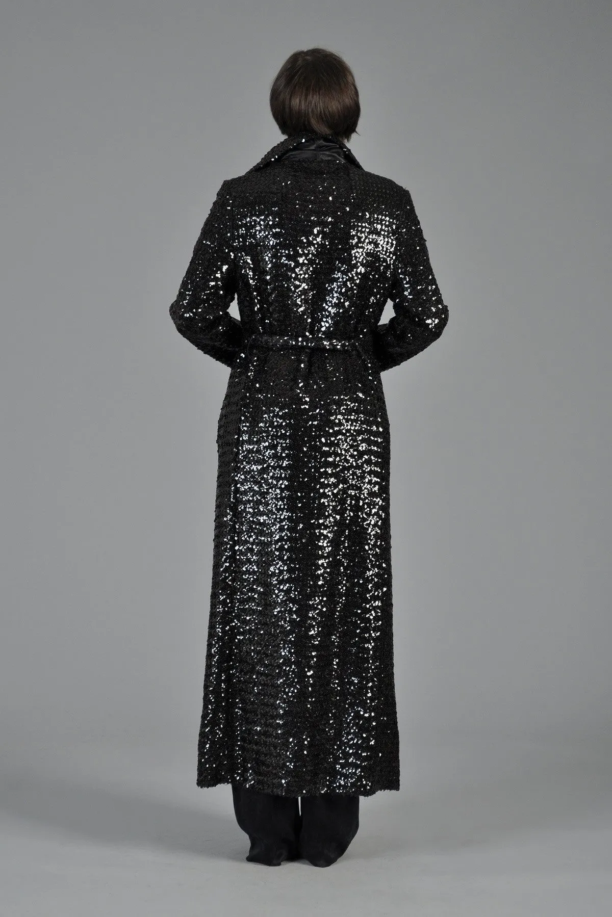 Black Sequin Belted Maxi Trench Coat