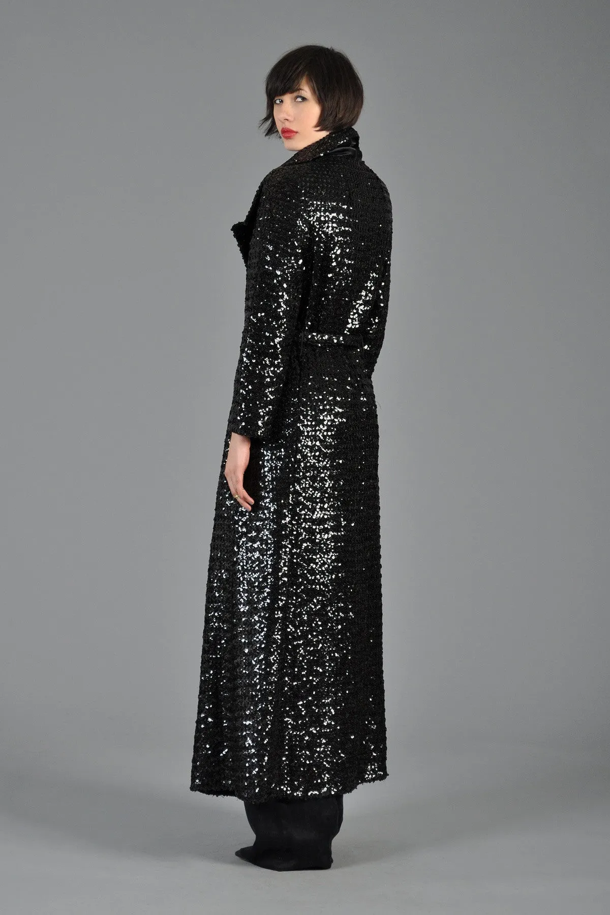 Black Sequin Belted Maxi Trench Coat