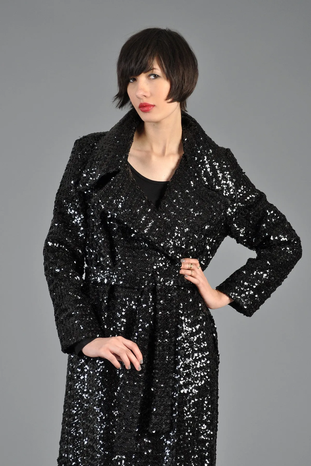 Black Sequin Belted Maxi Trench Coat