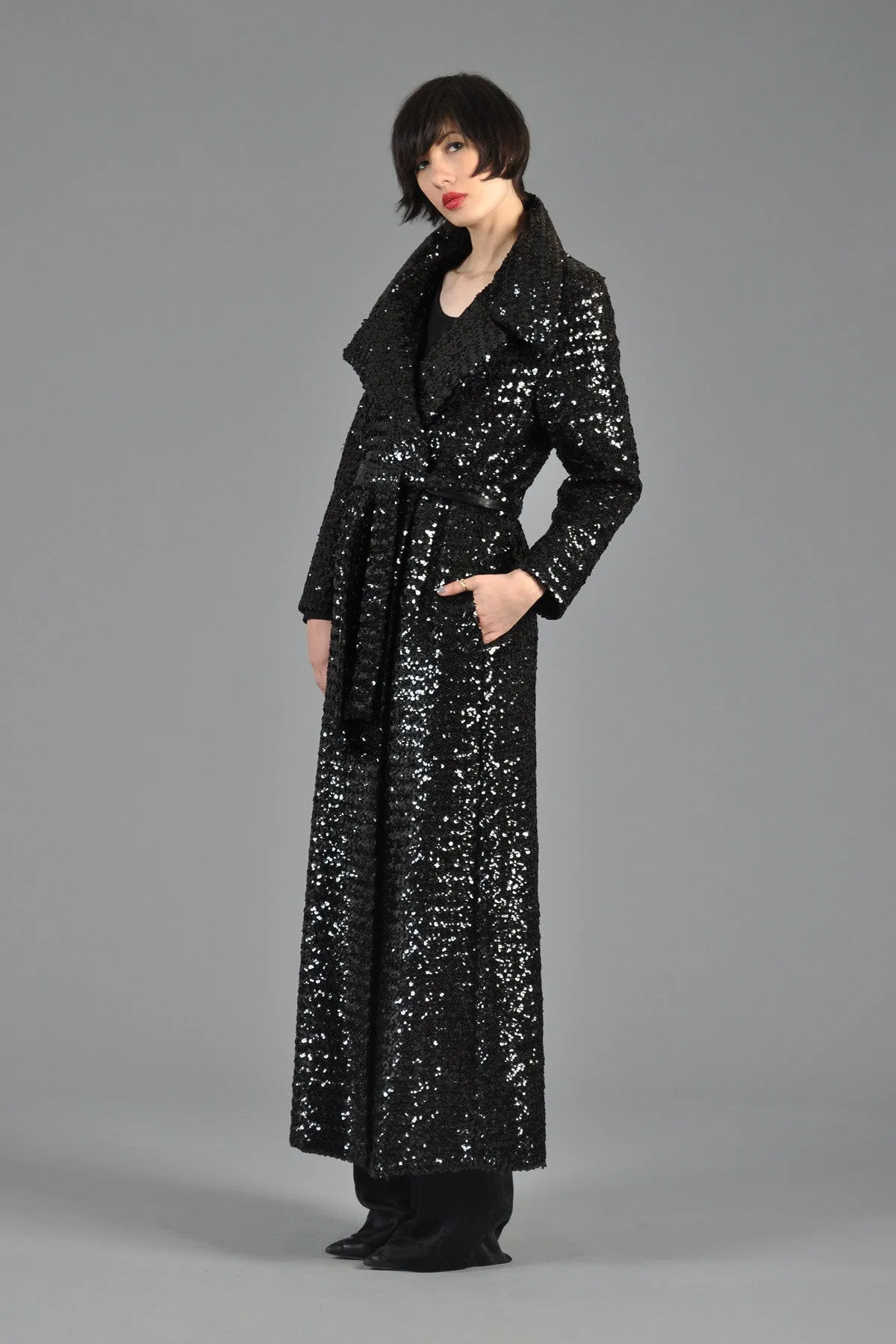 Black Sequin Belted Maxi Trench Coat