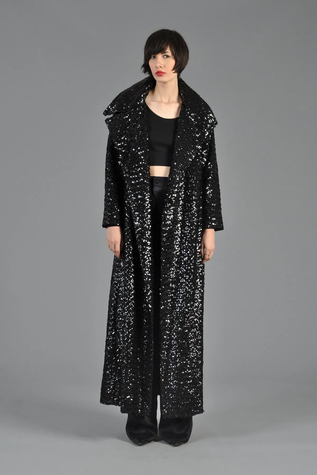 Black Sequin Belted Maxi Trench Coat