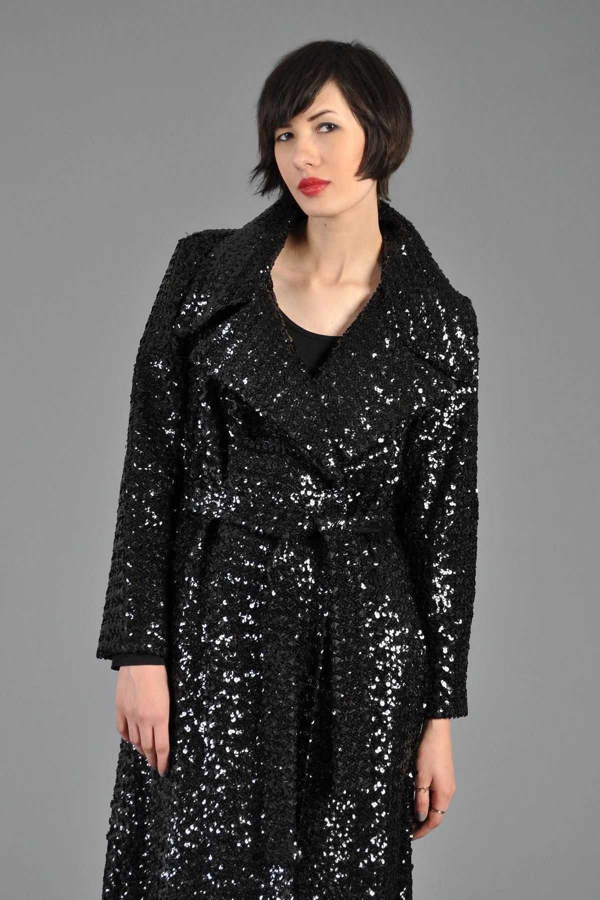 Black Sequin Belted Maxi Trench Coat