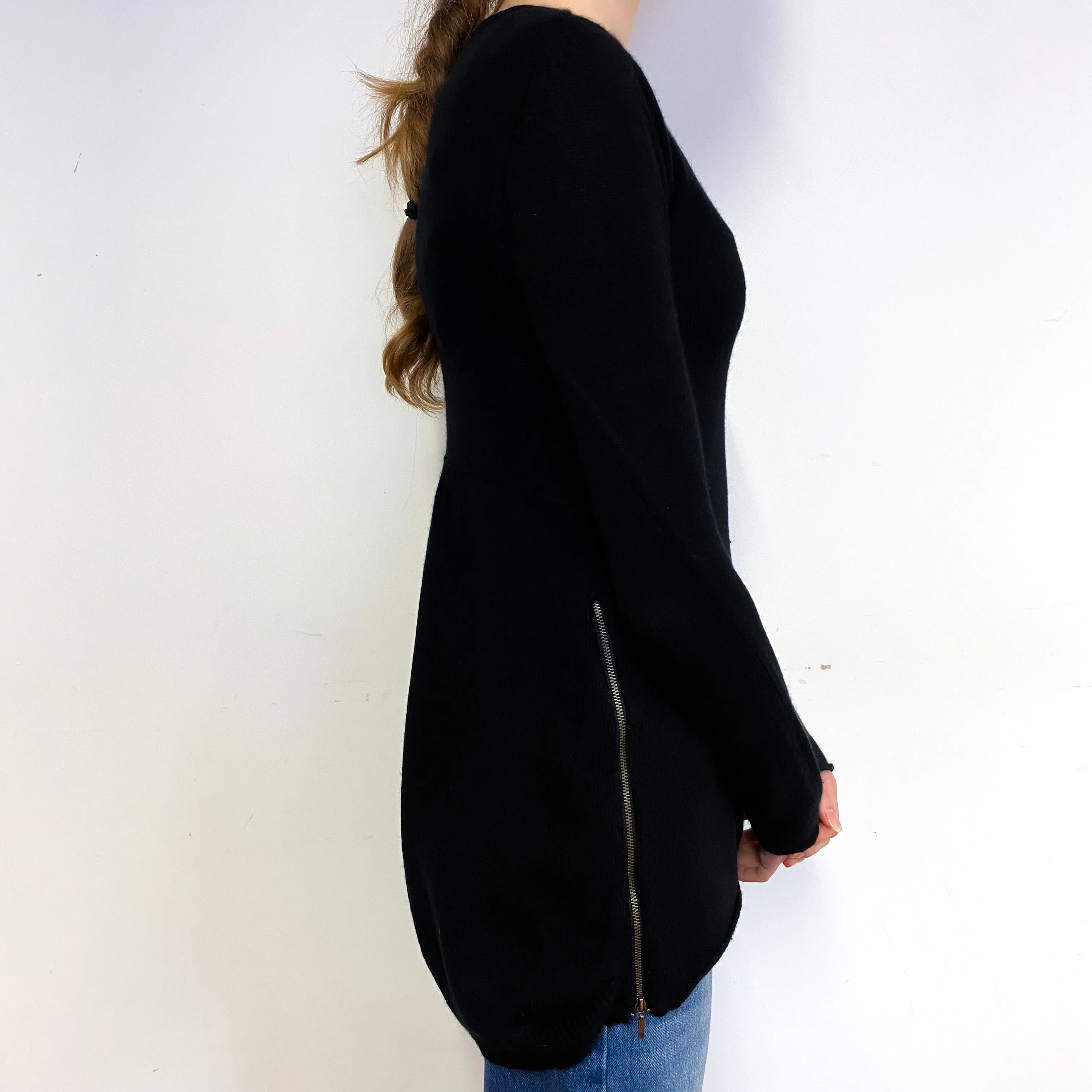Black Side Zip Cashmere Crew Neck Tunic Jumper Extra Small