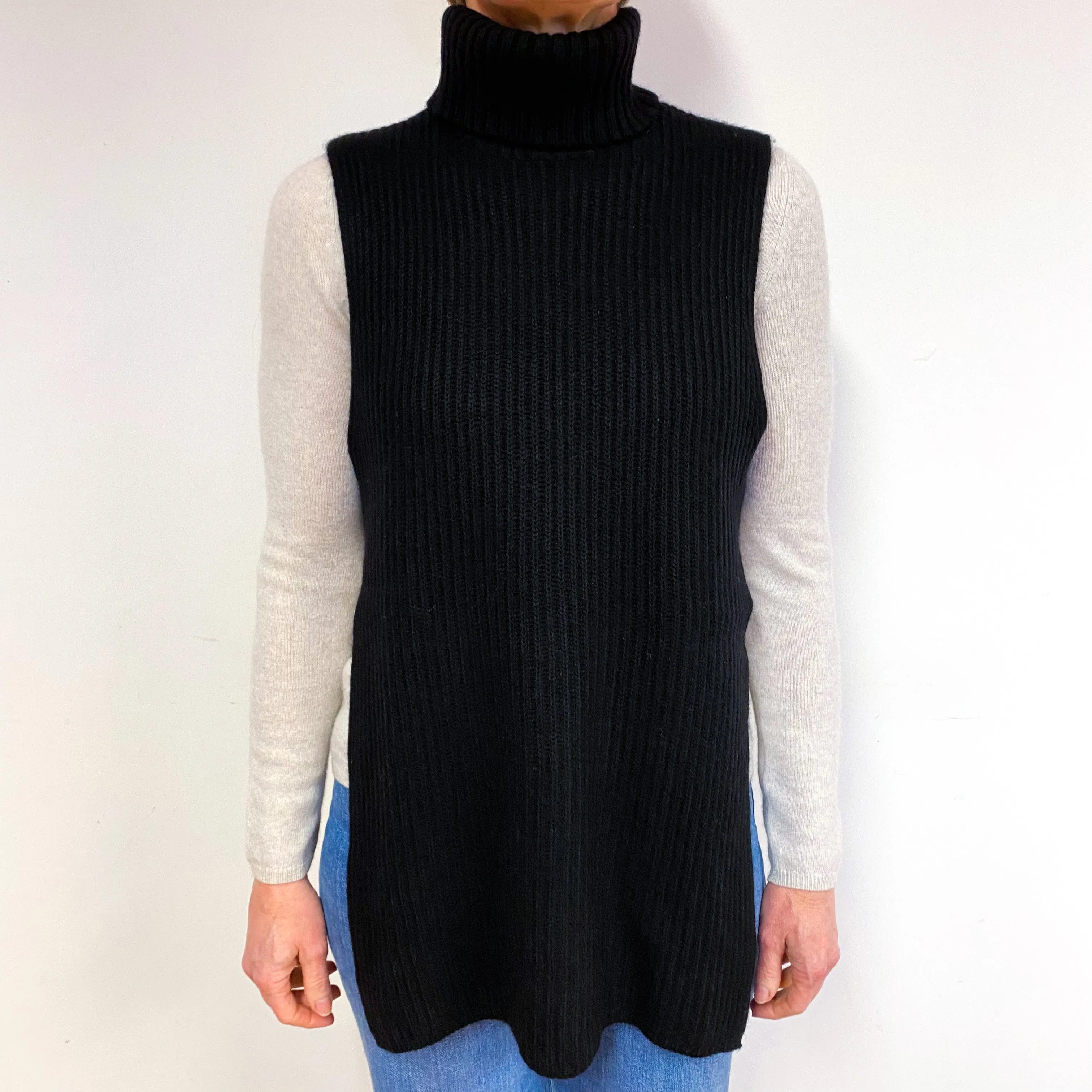Black Sleeveless Cashmere Polo Neck Jumper Medium