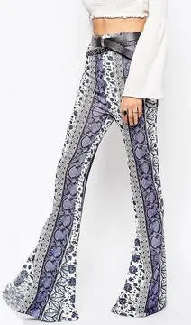 Blue And White Porcelain Bodycon Flower Print Bell-bottom Pants