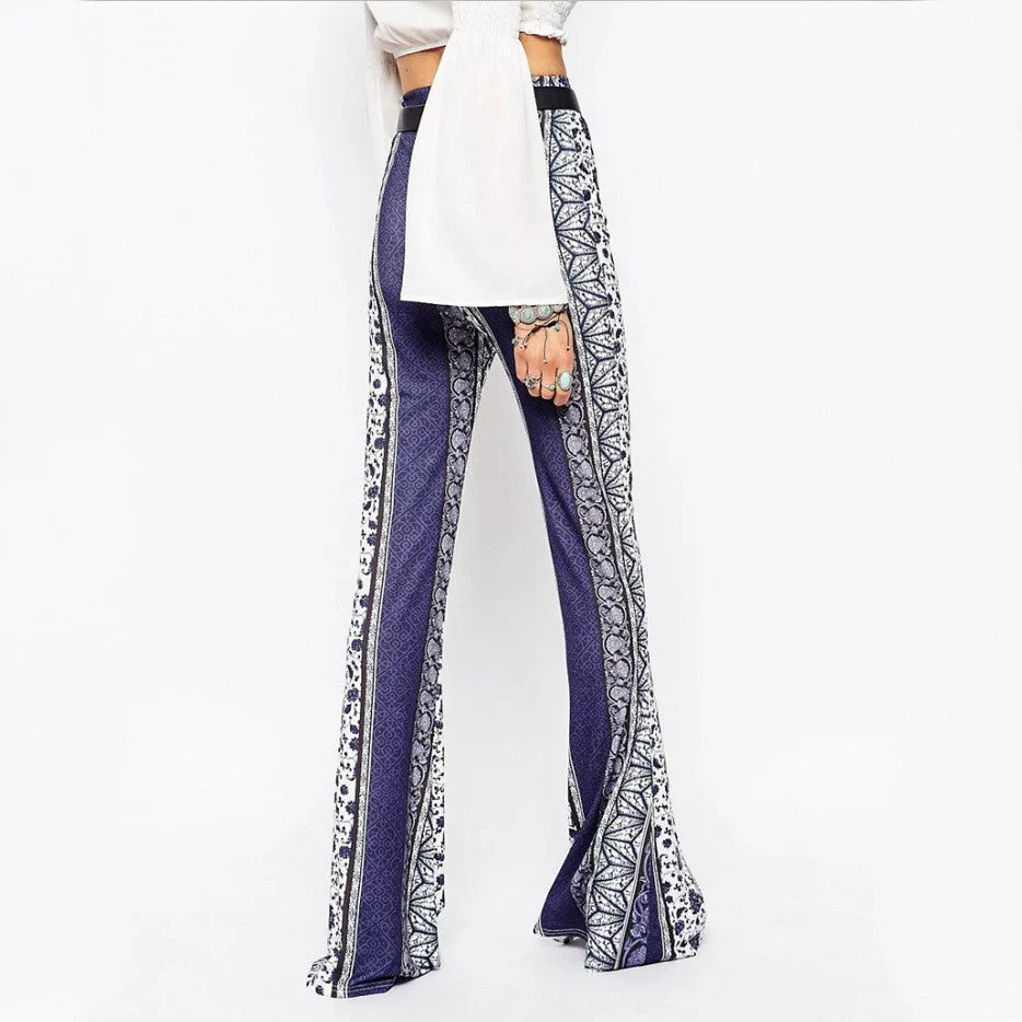 Blue And White Porcelain Bodycon Flower Print Bell-bottom Pants