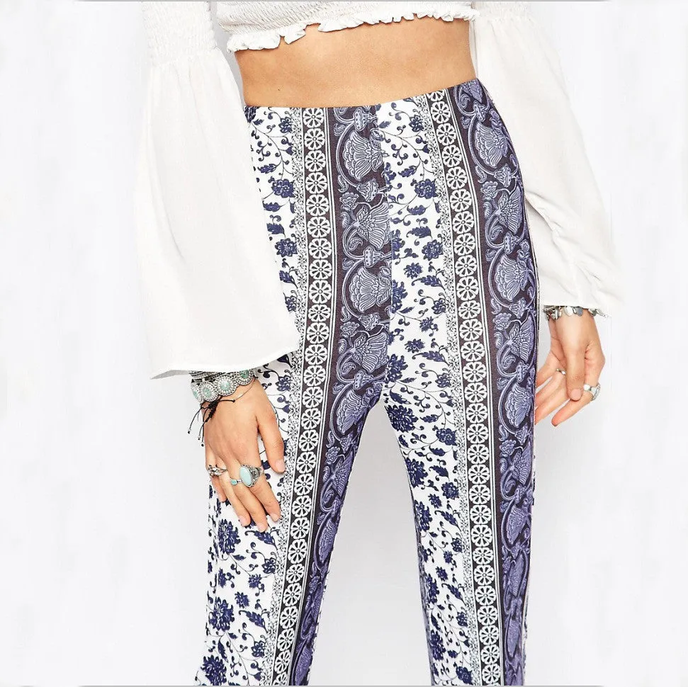 Blue And White Porcelain Bodycon Flower Print Bell-bottom Pants
