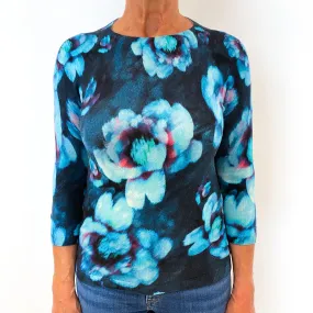 Blue Floral Print Cashmere Crew Neck Jumper Medium
