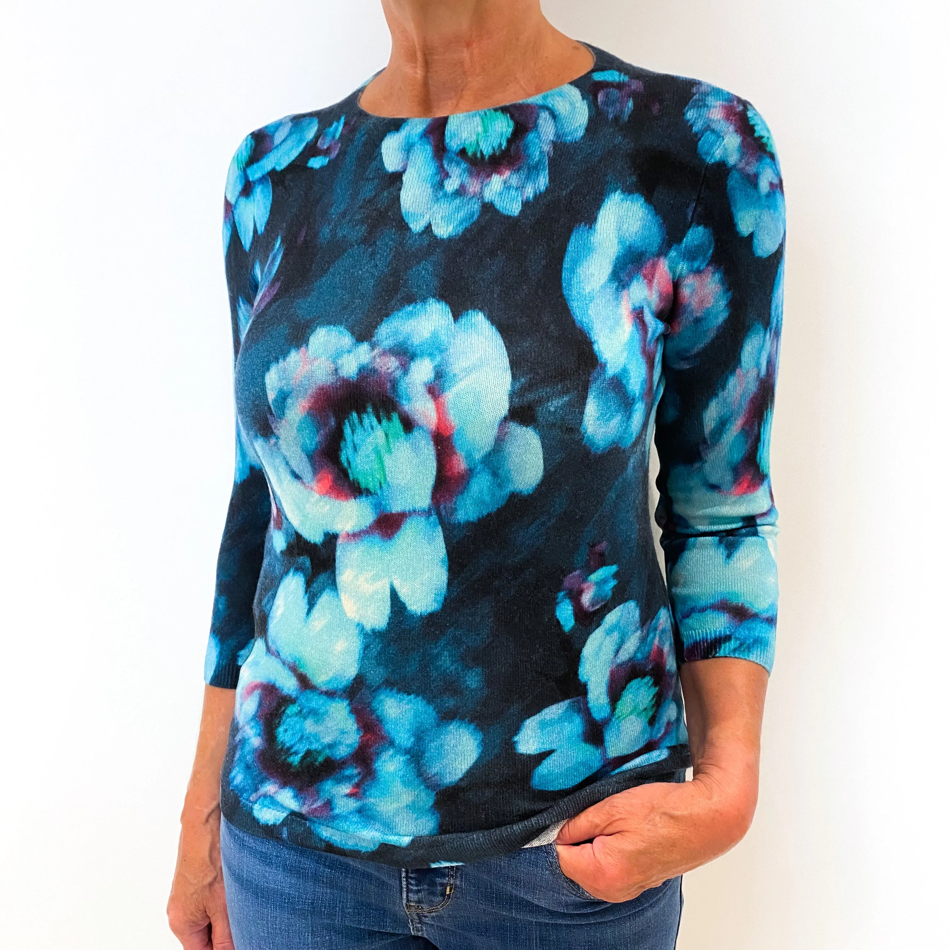 Blue Floral Print Cashmere Crew Neck Jumper Medium