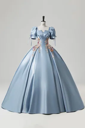 Blue Satin Lace Floor Length Prom Dress, A-Line Short Sleeve Evening Party Dress