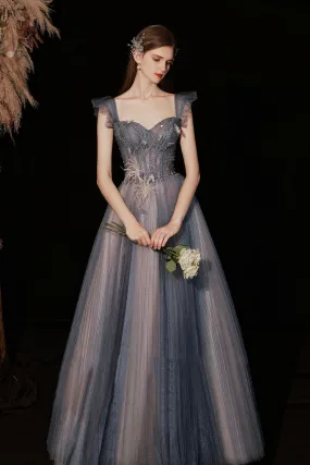 Blue Sweetheart Neckline Tulle Long Formal Dresses, A-Line Prom Dresses
