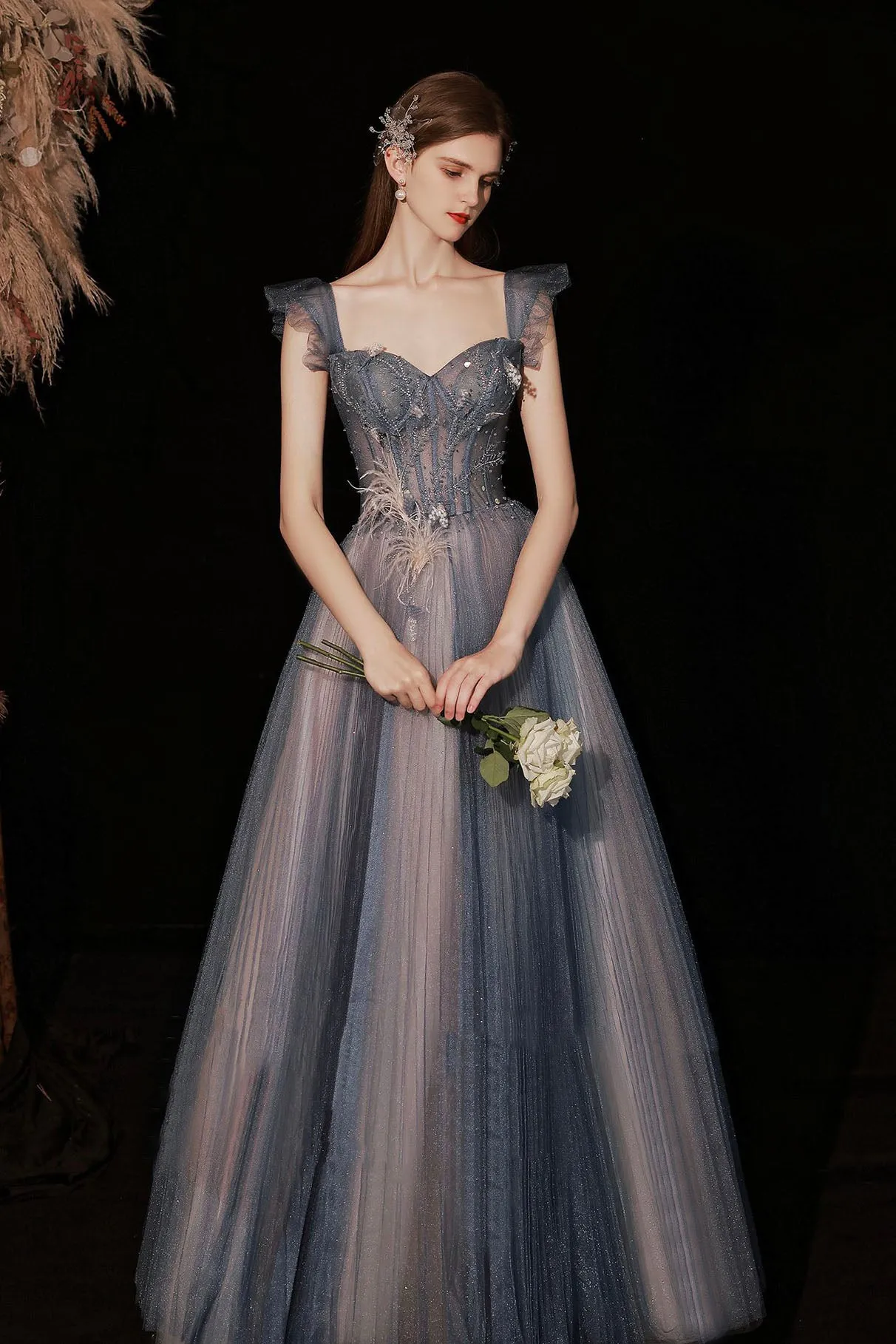 Blue Sweetheart Neckline Tulle Long Formal Dresses, A-Line Prom Dresses