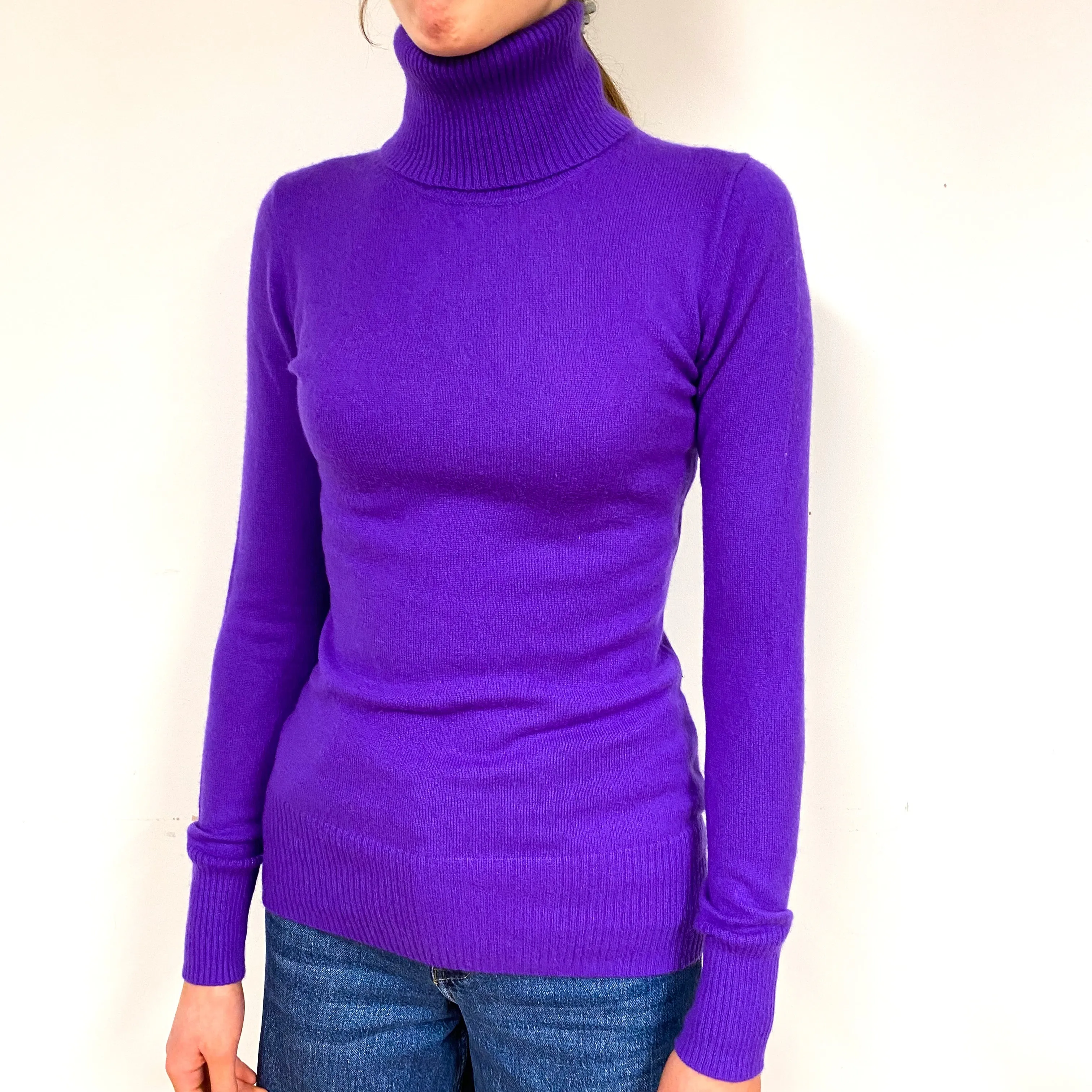 Bright Violet Purple Cashmere Polo Neck Jumper Extra Small