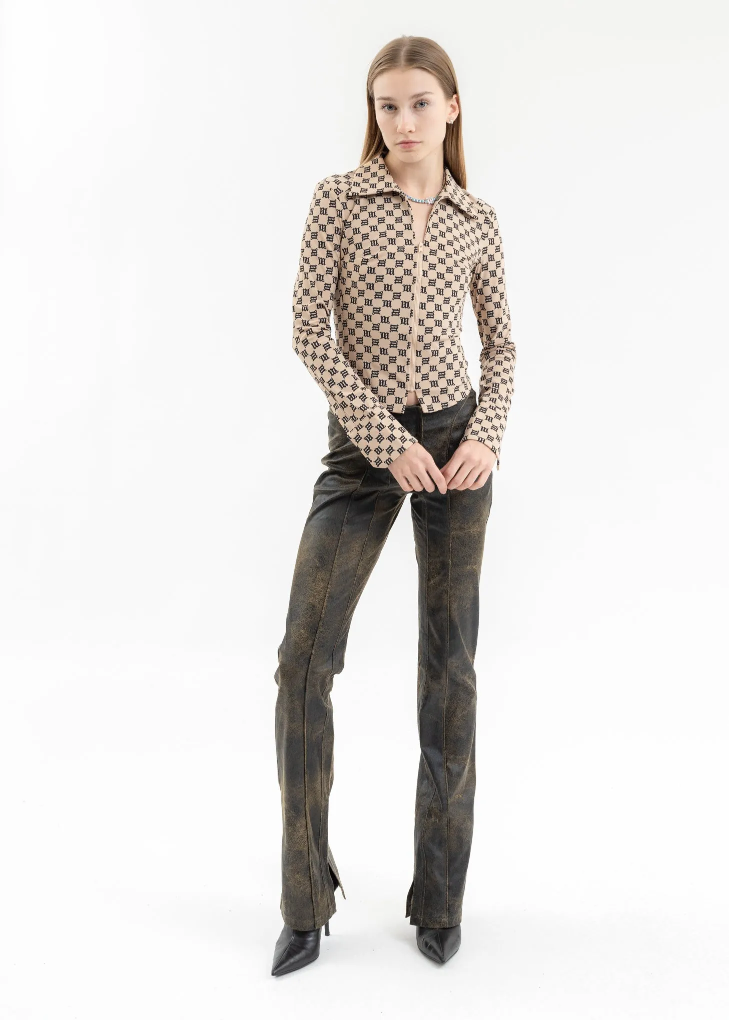 BROWN VEGAN LEATHER FLARED TROUSERS