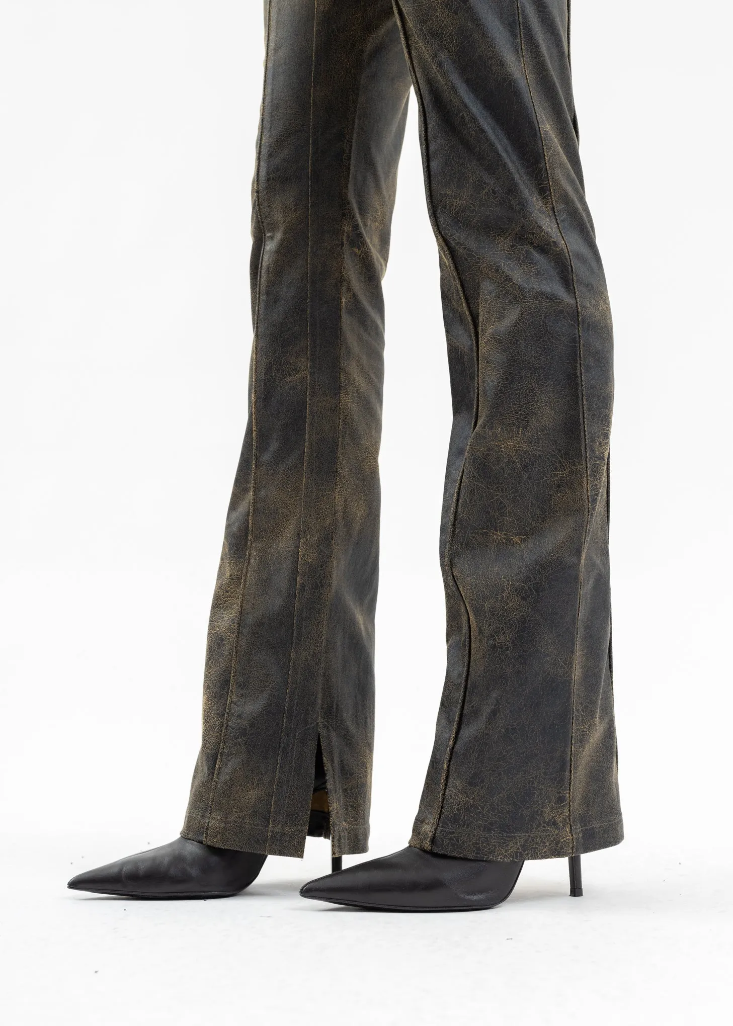 BROWN VEGAN LEATHER FLARED TROUSERS