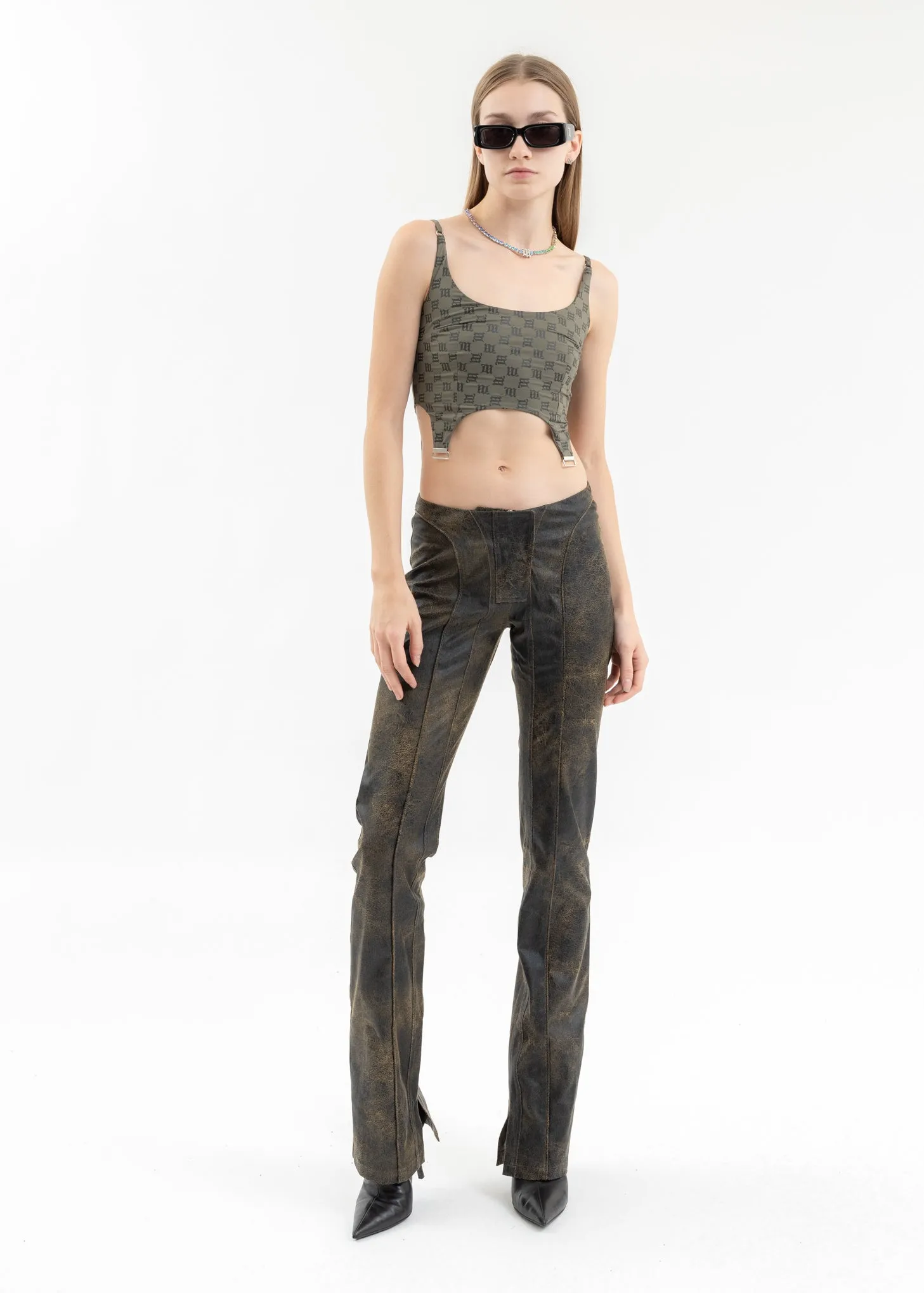 BROWN VEGAN LEATHER FLARED TROUSERS