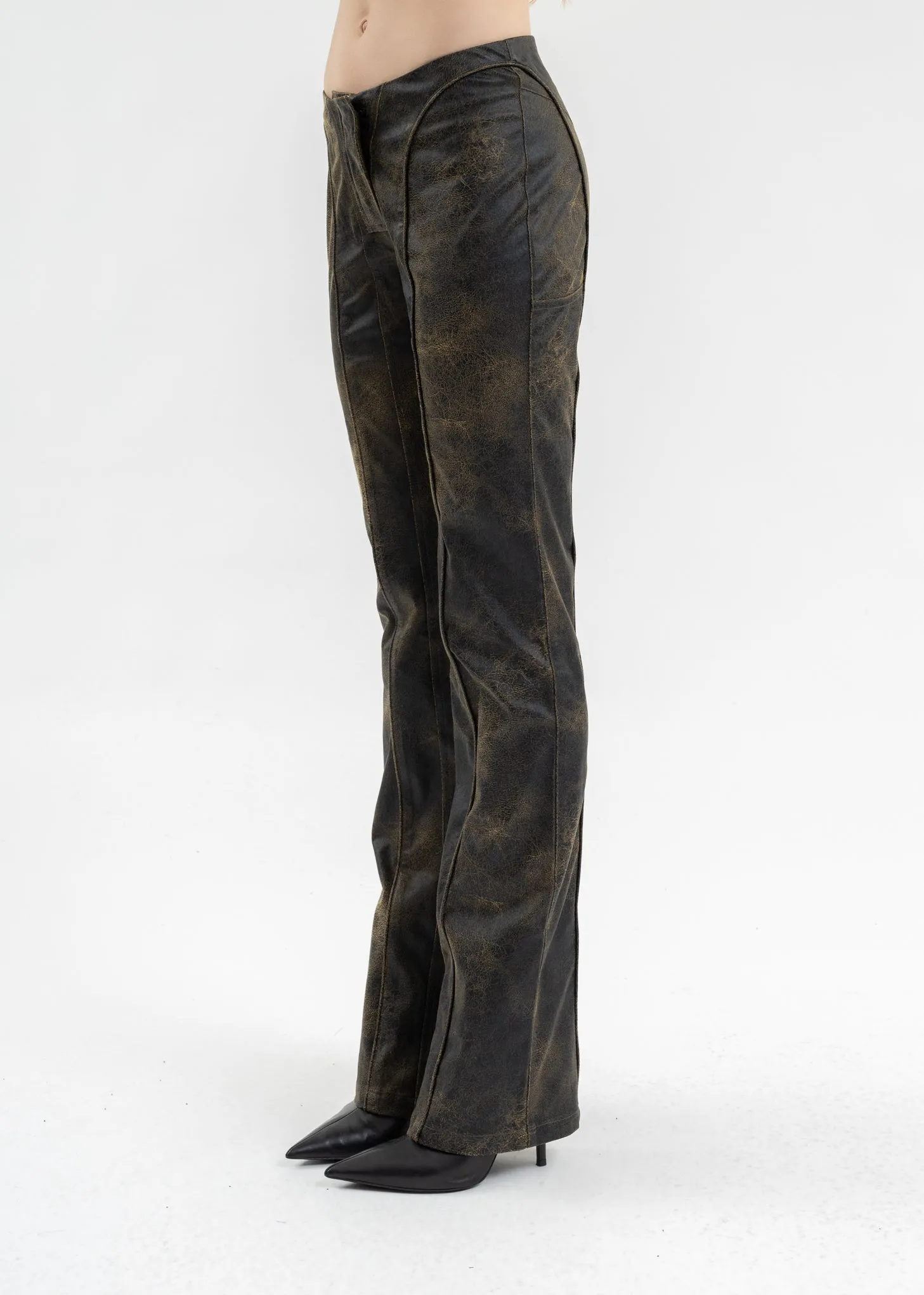BROWN VEGAN LEATHER FLARED TROUSERS