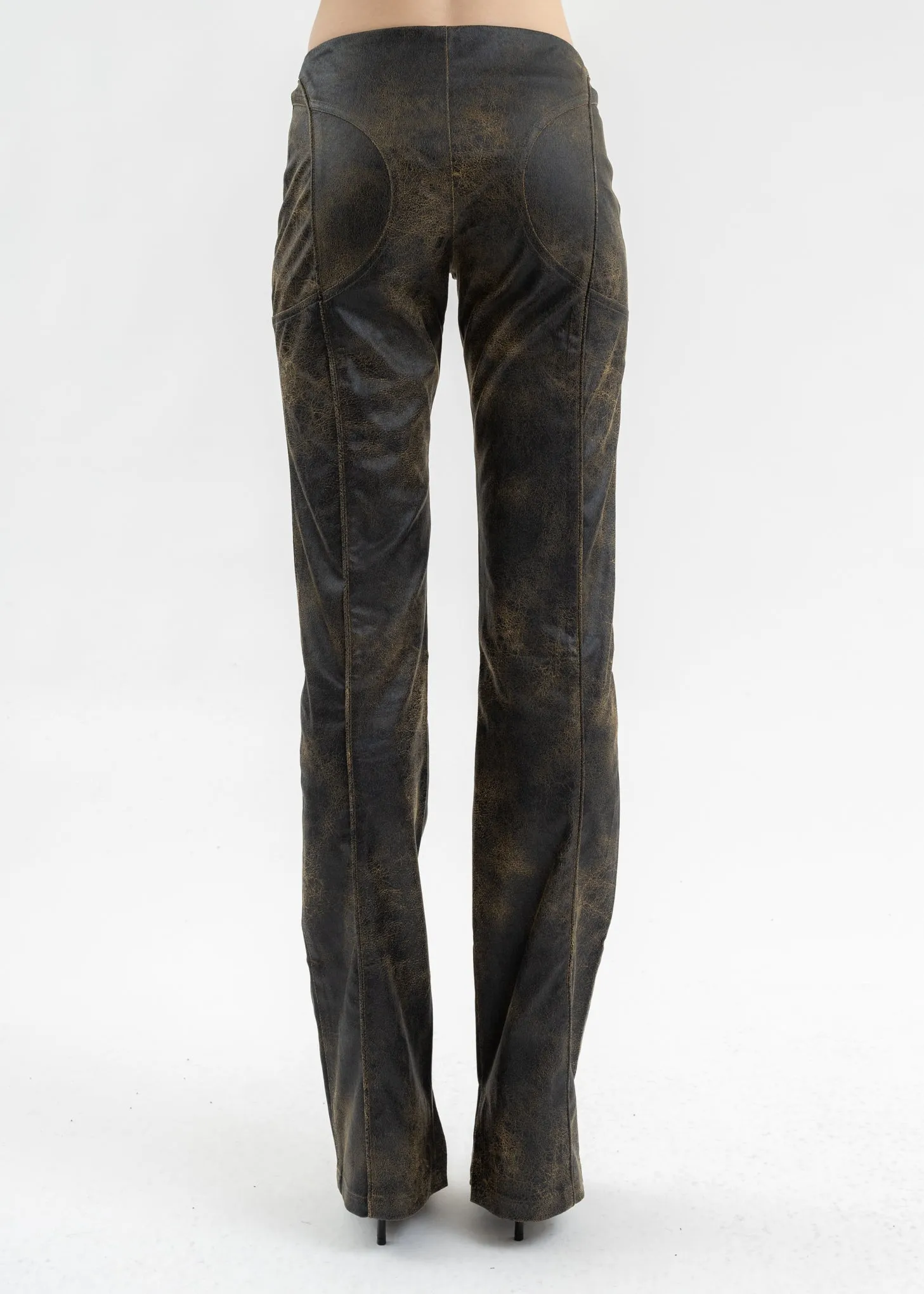 BROWN VEGAN LEATHER FLARED TROUSERS