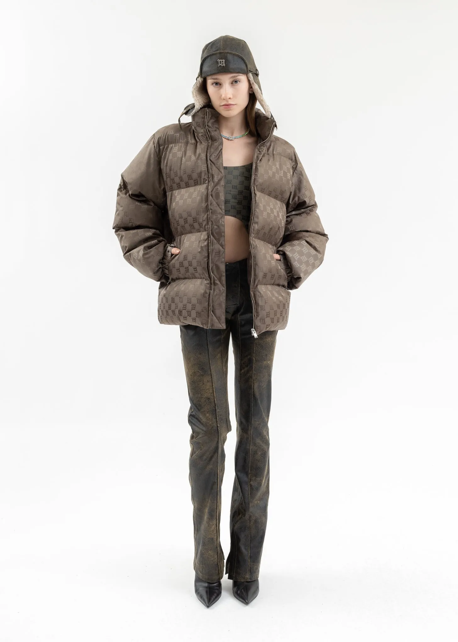 BROWN VEGAN LEATHER FLARED TROUSERS