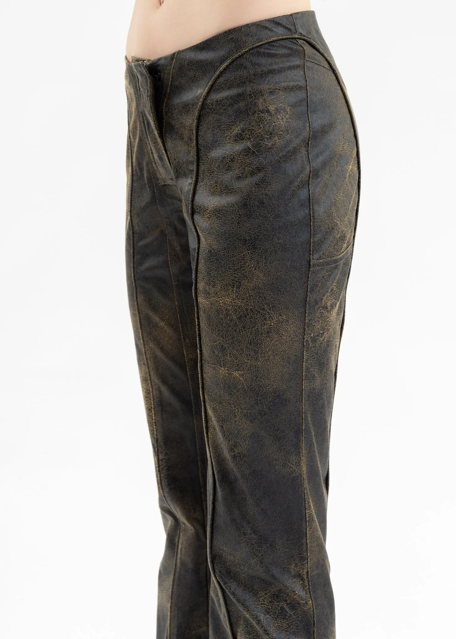 BROWN VEGAN LEATHER FLARED TROUSERS