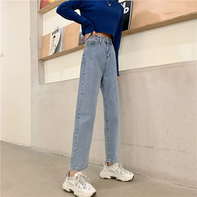 Casual High Waist Straight Long Jeans