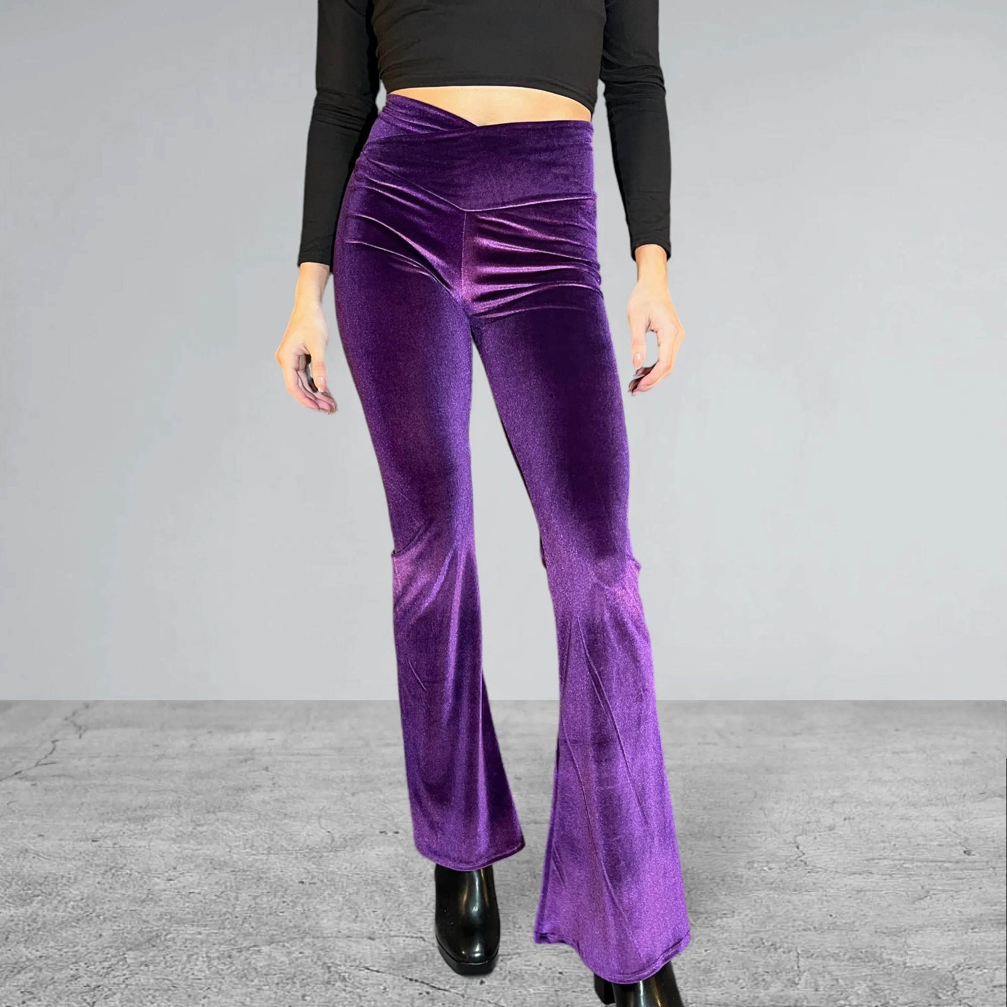 Crossover V-Waist Bootcut Flare Pants - Purple Velvet