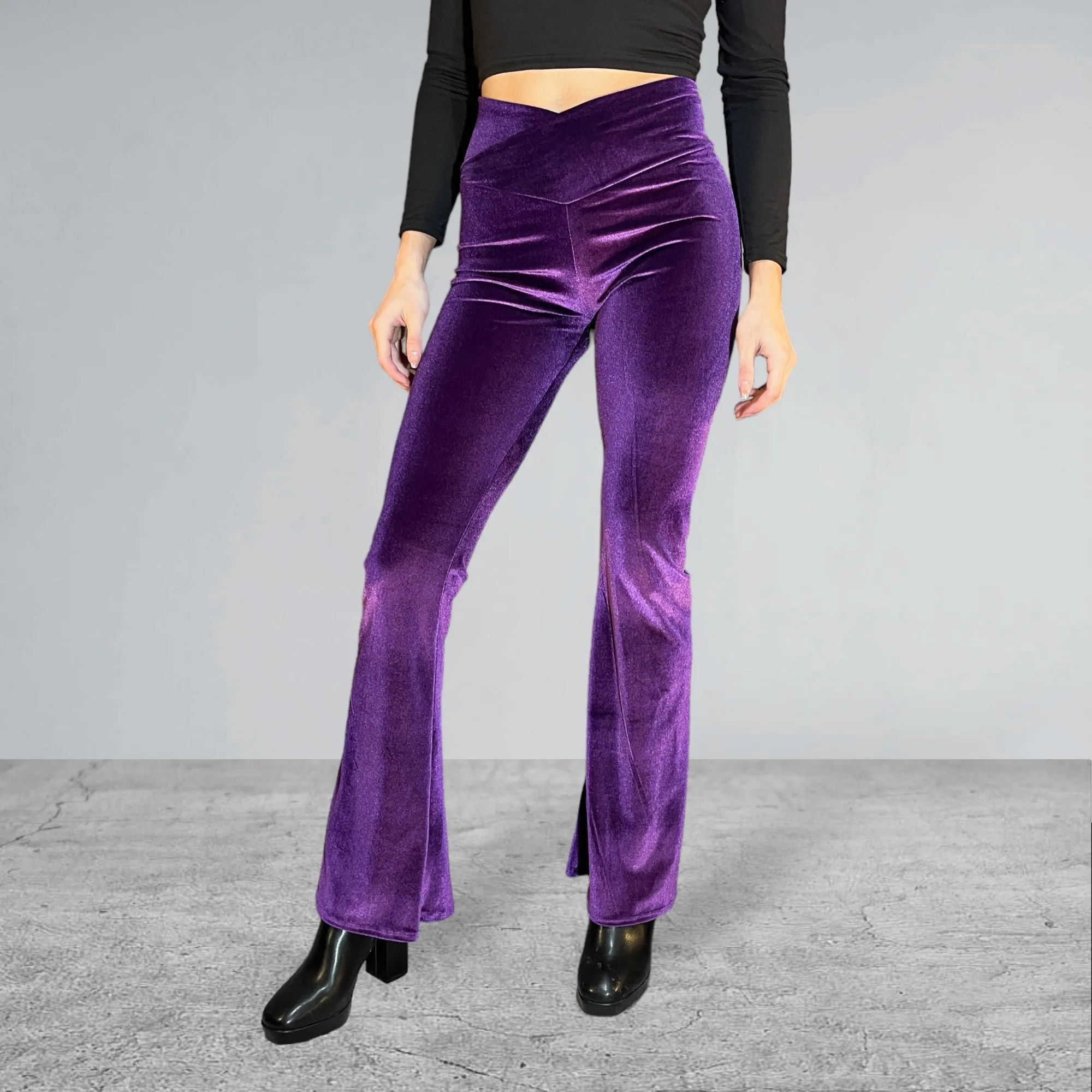 Crossover V-Waist Bootcut Flare Pants - Purple Velvet