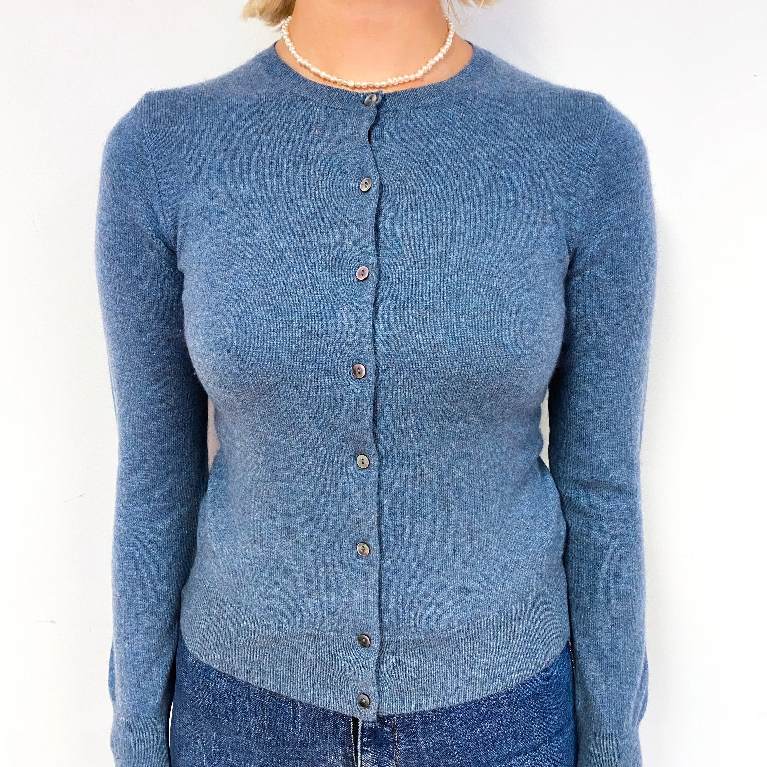 Deep Denim Blue Cashmere Crew Neck Cardigan Small