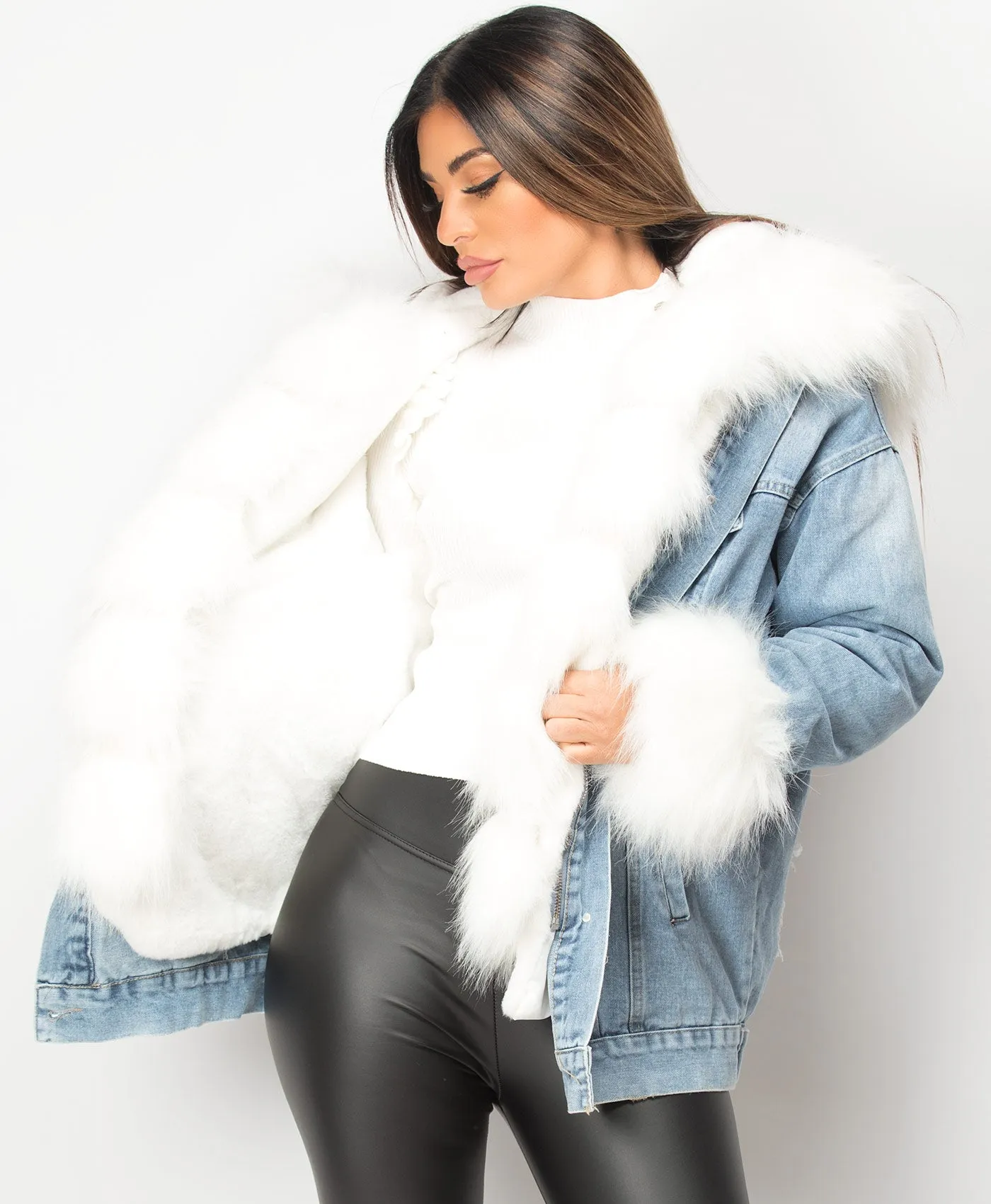 Denim Blue Faux Fur Trim Oversize Hooded Denim Jacket