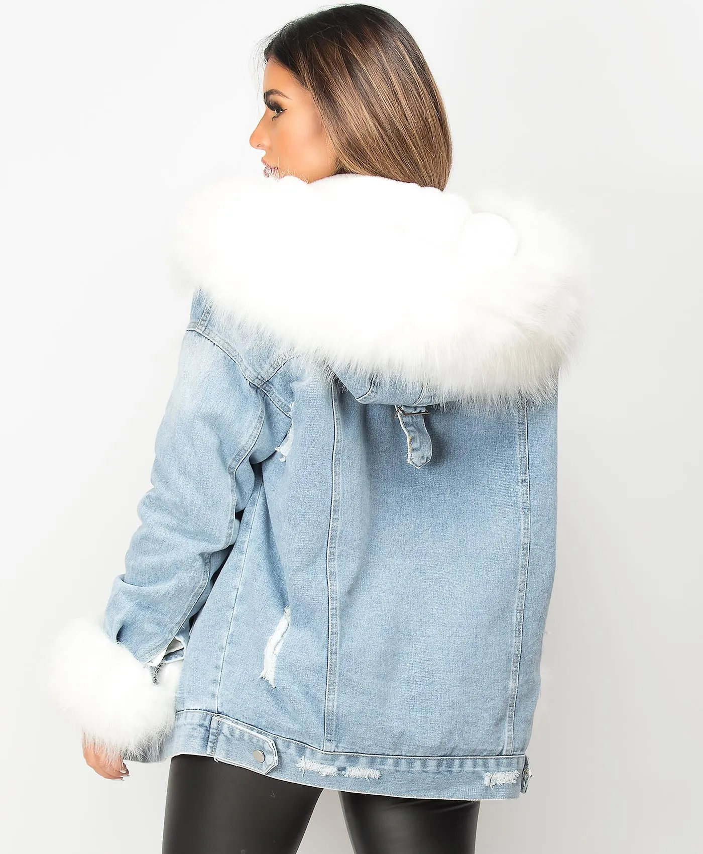 Denim Blue Faux Fur Trim Oversize Hooded Denim Jacket