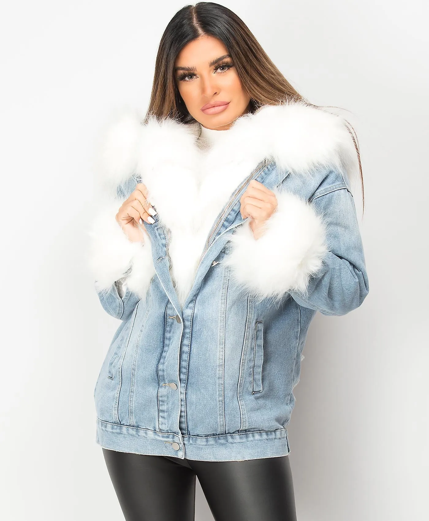 Denim Blue Faux Fur Trim Oversize Hooded Denim Jacket