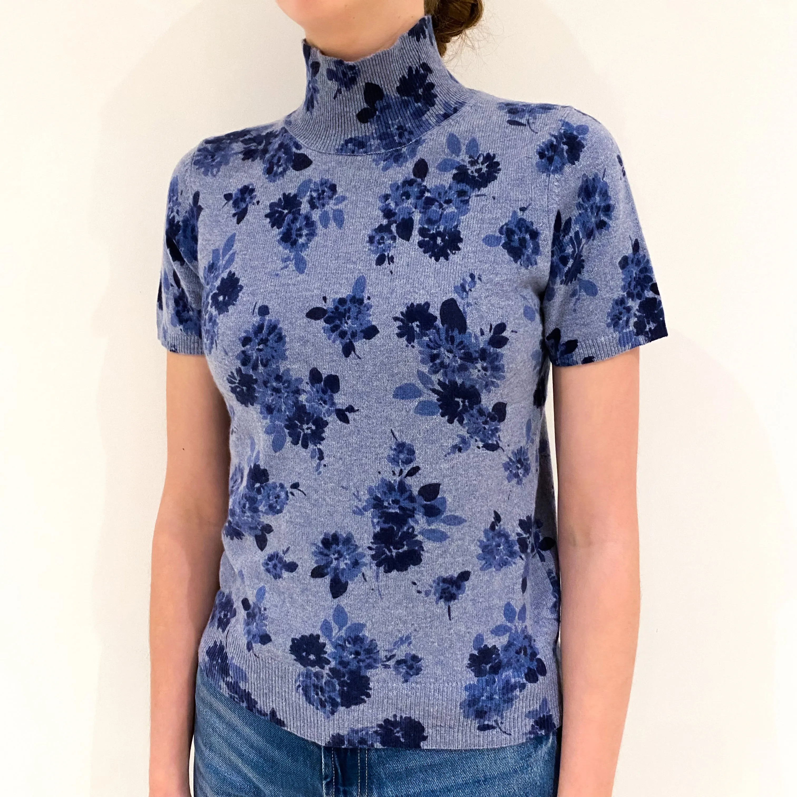 Denim Blue Floral Cashmere Short Sleeve Jumper Extra Small