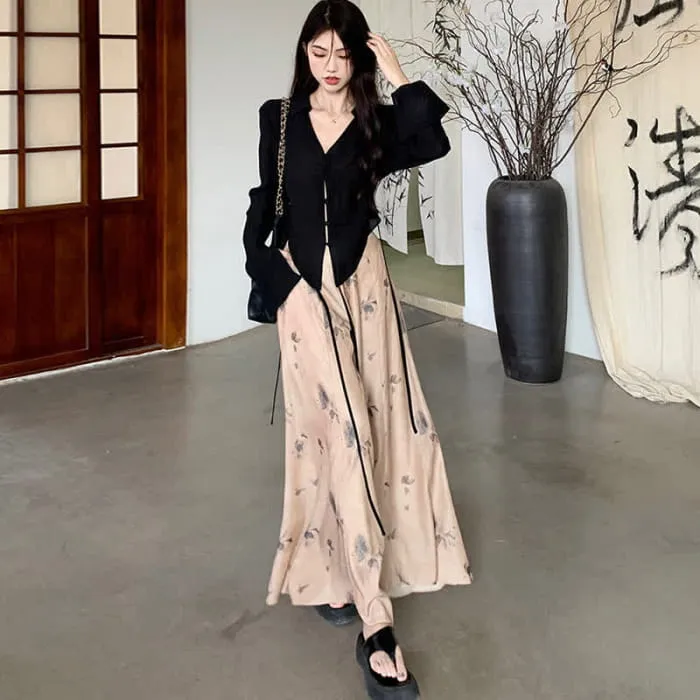 Elegant Lace Up Flared Sleeve Top Vintage Floral Print Wide Leg Pants