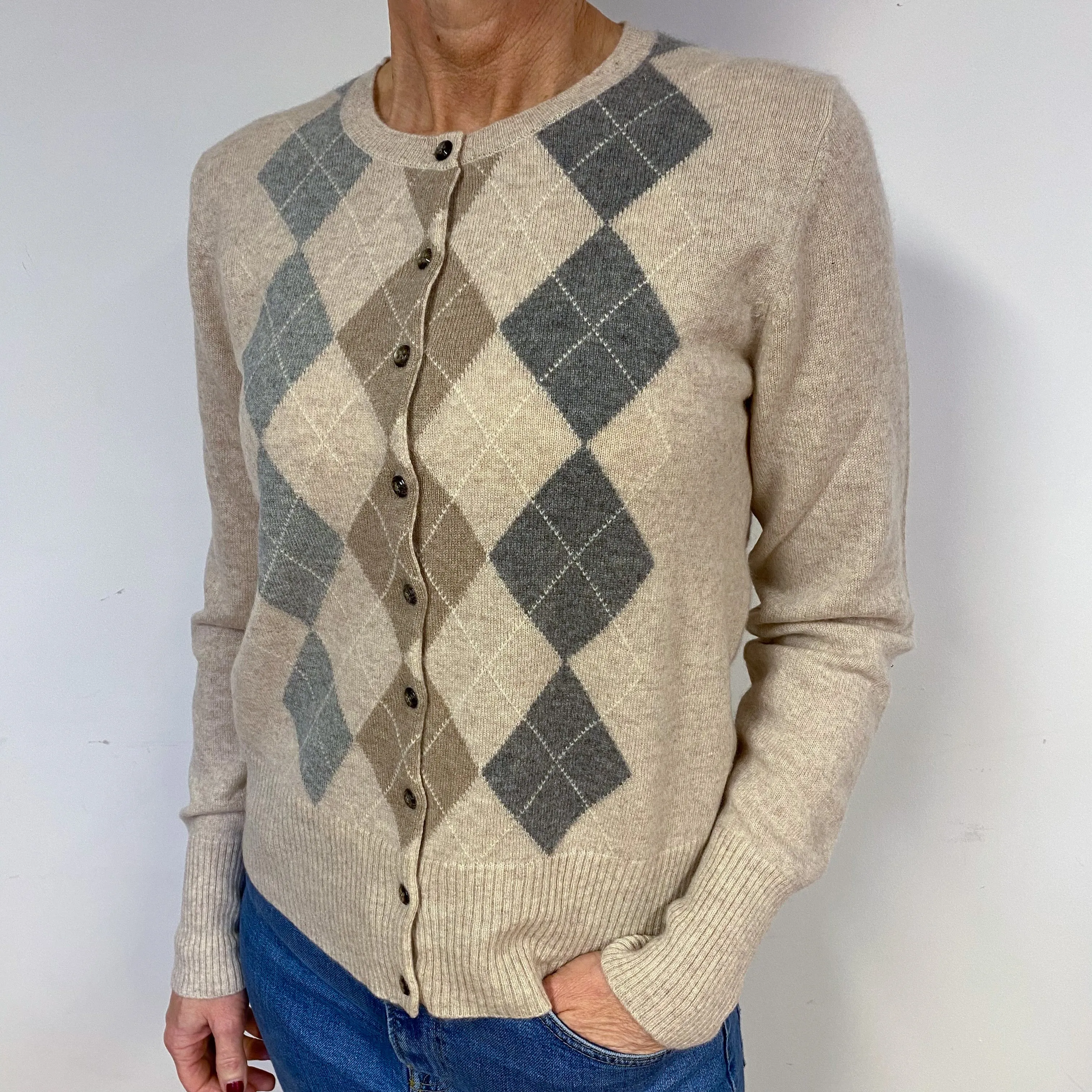 Fawn Grey Diamond Cashmere Crew Neck Cardigan Medium
