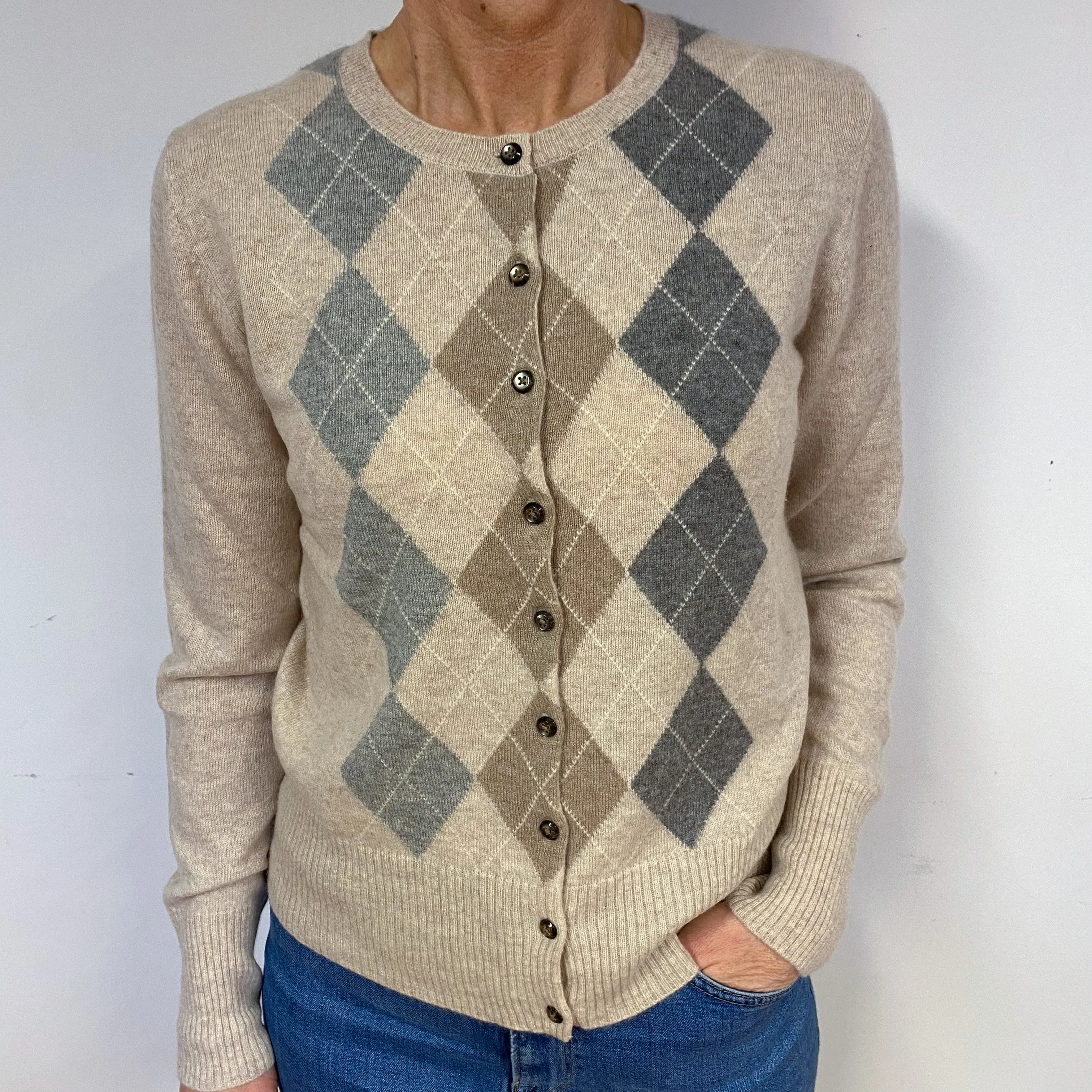 Fawn Grey Diamond Cashmere Crew Neck Cardigan Medium