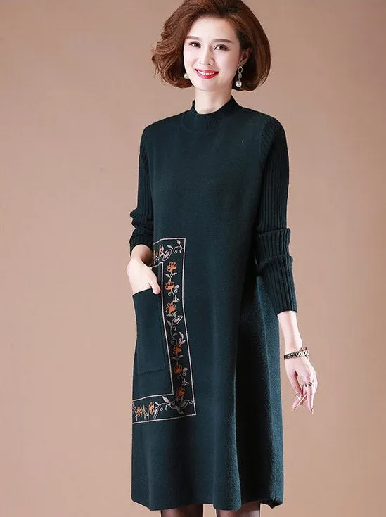 Floral Embroidery Long Sleeve Knee Length A-line Knit Dress with Pocket