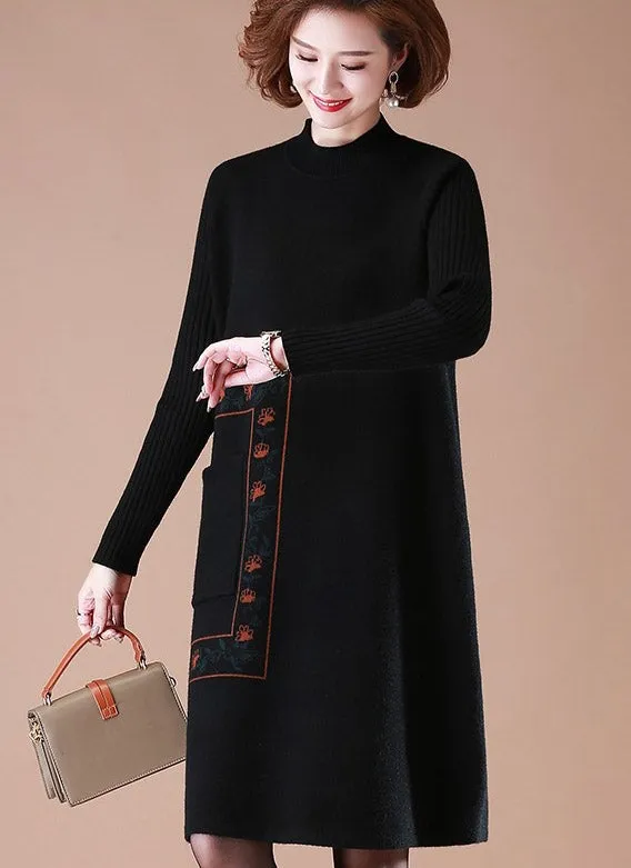 Floral Embroidery Long Sleeve Knee Length A-line Knit Dress with Pocket